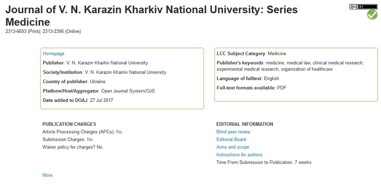 The Journal of V. N. Karazin Kharkiv National University, series Medicine was accepted to Directory of Open Access Journals (DOAJ)